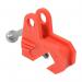 The picture shows a compact and sturdy industrial lockout device by Spectrum. The Universal Circuit Breaker Lockout LOK043 is designed to securely lock out circuit breakers and features a bright red color for easy identification and visibility. It has a simple and reliable mechanism for preventing unauthorized access to circuits.