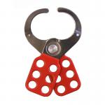 This photo features a Spectrum Industrial lockout hasp with a 38mm length, coated in vinyl. The hasp is designed for industrial use and is suitable for locking out machinery and equipment.