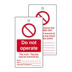 The Spectrum Industrial Warehouse Signage Lockout Tags capture attention with bold lettering and bright colors on a durable double-sided design. The pack includes 10 tags, each displaying a clear Do not operate message for added safety.