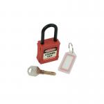 The Spectrum Industrial locks Dielectric Nylon Shackle Red Safety Lockout Padlock features a bright red color and a non-conductive shackle, ensuring safe and secure lockout procedures in industrial settings. The padlock is durable and built to withstand tough work environments.