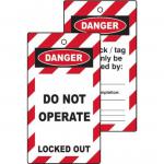 The image shows ten double-sided lockout tags from Spectrum Industrial. The tags are bright red with bold text that reads DO NOT OPERATE on one side and LOCKED OUT on the other. Each tag is designed to be placed on industrial locks to prevent operation.