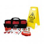 The photo shows a Spectrum Industrial locks Medium Lockout Kit. It contains various sized locks in vibrant colors with accompanying keys and instructions. The kit also includes a durable carrying case.