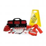 The photograph features the Spectrum Industrial locks Large Lockout Kit, model LOK117. The kit contains a variety of brightly colored safety padlocks, tags, and hasps for securing machinery and equipment during maintenance or repairs. The durable carrying case keeps all items organized and easily accessible.