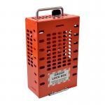 The photo shows a Spectrum Industrial wall mounted lock box, model LOK169, made of durable metal with a sleek silver finish. The box has a hinged door with a key lock and a red and white Emergency Access label. It features multiple rows of numbered dial locks and a built-in handle for easy transport.