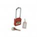 The photograph shows a red Spectrum Industrial safety lockout padlock with a long shackle. The lock appears sturdy and reliable, designed for industrial use. The red color stands out and adds a bold touch to the practical design.