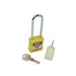 In this picture, we can see a yellow Spectrum Industrial locks safety lockout padlock with a long shackle. The padlock is securely locked and is designed for industrial use. It has a sturdy and durable construction to ensure maximum safety.