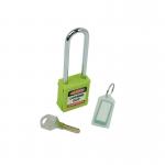 This image displays a Spectrum Industrial lock featuring a long shackle and a bright green color. The lock is designed for safety lockout purposes and is sold individually.