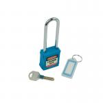 This photo shows a blue Spectrum Industrial locks Safety Lockout Padlock with a long shackle. The bold color and durable design make it easily identifiable for safety purposes. It is a sturdy lock meant for industrial use.