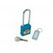 This photo shows a blue Spectrum Industrial locks Safety Lockout Padlock with a long shackle. The bold color and durable design make it easily identifiable for safety purposes. It is a sturdy lock meant for industrial use.