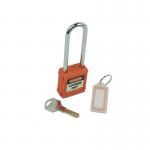 The photograph displays a set of Spectrum Industrial locks, specifically their Safety Lockout Padlocks with a long shackle, in a vibrant orange color. Each lock features a sturdy design and is locked tightly to provide maximum security. The shiny finish adds a professional touch to the overall look.