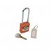 The photograph displays a set of Spectrum Industrial locks, specifically their Safety Lockout Padlocks with a long shackle, in a vibrant orange color. Each lock features a sturdy design and is locked tightly to provide maximum security. The shiny finish adds a professional touch to the overall look.