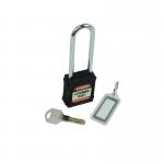 This picture features Spectrum Industrial Safety Lockout Padlocks in a bold black color with long shackles. The sturdy design and visible safety labels make it ideal for controlling access to equipment and machinery in industrial settings.