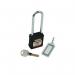 This picture features Spectrum Industrial Safety Lockout Padlocks in a bold black color with long shackles. The sturdy design and visible safety labels make it ideal for controlling access to equipment and machinery in industrial settings.