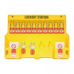 The picture shows large industrial signage for Spectrums warehouse, featuring an advanced lockout station with the LOK232 model. Bold black-and-yellow lettering is displayed for easy visibility, and the station is equipped with various compartments for efficient organization.