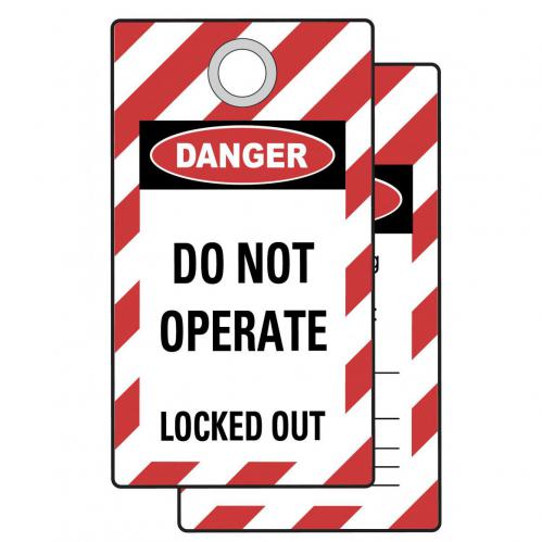 The photograph shows 10 double-sided Spectrum Industrial locks Lockout Tags with an eyelet. One side reads Do not operate while the other says Locked Out. The tags are in a pack and have the product code LOK240.