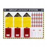 The photograph shows a Spectrum Industrial locks Group Lockout Station, measuring 1200 x 900mm. The station is made of ACP Panel and features Anti-Scuff Laminate. It is also pre-drilled with the LOK308 system.