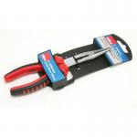 The photo shows a pair of Hilka Tools UK Limited flat nosed pliers, measuring 200mm (8in) in length. The pliers have a sleek design and are made of durable materials, with a comfortable grip for precise control. The long, flat nose allows for easy maneuvering and handling of small objects or wires.