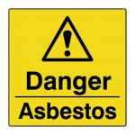 The image shows a roll of 250 small, square safety signs featuring the word Danger in white letters on a red background with the word asbestos in black underneath. The signs appear to be for industrial use, and each one measures 50 x 50mm. They are part of the Spectrum brand and are specifically labeled as Industrial Safety Signs.
