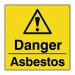 The image shows a roll of 250 small, square safety signs featuring the word Danger in white letters on a red background with the word asbestos in black underneath. The signs appear to be for industrial use, and each one measures 50 x 50mm. They are part of the Spectrum brand and are specifically labeled as Industrial Safety Signs.