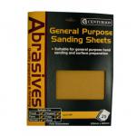 The image shows a pack of 25 abrasive sandpaper from Centurion Europe Limited Tools. The sandpaper has a fine texture and is packaged in a sturdy box with the company logo. Each sheet is labeled with the grit size and features a smooth, even surface. The red and white packaging gives a professional and reliable impression.