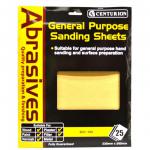 The photograph shows a pack of 25 abrasive sandpaper from Centurion Europe Limited Tools. The sandpaper has a rough texture and is neatly packaged. The logo and product details are clearly visible on the packaging.