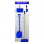 The Spectrum Industrial Cleaning Systems & Trolleys Shadow board Clean Station features a blue board with a range of cleaning tools neatly hung, including a banister brush, shovel, dustpan, and sweeping broom. This convenient set-up helps keep your workspace organized and efficient.