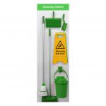 This photograph captures a fully stocked Spectrum Industrial Cleaning Systems Shadow board, featuring a variety of cleaning tools including a medium banister brush, dustpan, sweeping broom, wet floor A board, mop, and bucket. The green board complements the equipment, creating a clean and organized space for efficient industrial cleaning processes.