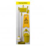 The Spectrum Industrial Cleaning Systems & Trolleys Shadow board Clean Station features a bright yellow board with designated spots for a banister brush, dustpan, sweeping broom, wet floor A Board, mop, and bucket. The tools are neatly arranged and easily accessible for efficient cleaning.