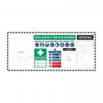 The photo shows a Spectrum Industrial Safety Signs Shadowboard - Site Board, with a size of 1600 x 700 and Style 2. The board features a variety of safety signs and has a sleek, professional design. The shadowboard provides a convenient and organized way to display important safety information at any worksite.