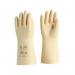 The Spectrum Industrial Trade Specific Gloves Electrical Gloves in size Large are designed for electrical work and can insulate up to 1,000V. These gloves are classified as Class 0 and labeled as SB-COMP02. They are made of a durable material and have a comfortable fit, providing protection and dexterity for electrical tasks. The gloves have a bright yellow color with black accents and feature an embossed texture on the palm for added grip. The cuffs are adjustable for a secure fit and they have a label on the back indicating the voltage rating. The image shows the gloves spread out on a flat surface, ready for use.