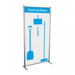 The picture captures a Spectrum Industrial Cleaning Systems & Trolleys Shadowboard, placed in a Multi-Purpose Frame. The blue colored cleaning station is equipped with hooks and has no stock. It showcases a neat and organized style, perfect for any workspace.
