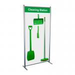 The image shows a shadowboard in a multi-purpose frame, featuring Spectrum Industrial Cleaning Systems & Trolleys. The frame is green and the shadowboard displays various cleaning tools and supplies neatly organized for easy access. The overall cleaning station style is type A.