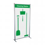 This photo features a Spectrum Industrial Cleaning Systems & Trolleys Shadowboard in a Multi-Purpose Frame. The shadowboard is in a vibrant green color and includes hooks for organizing cleaning supplies. Currently out of stock.