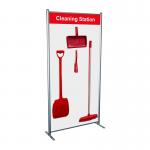 The photograph features Spectrum Industrial Cleaning Systems & Trolleys Shadowboard in a multi-purpose frame. The red frame is designed in Cleaning Station Style A, with labeled spaces for organizing cleaning tools and supplies.