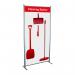 The photograph features Spectrum Industrial Cleaning Systems & Trolleys Shadowboard in a multi-purpose frame. The red frame is designed in Cleaning Station Style A, with labeled spaces for organizing cleaning tools and supplies.