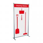 This picture showcases the Spectrum Industrial Cleaning Systems & Trolleys Shadowboard in a Multi-Purpose Frame, with a red color scheme and hooks for organizing cleaning supplies. The frame creates a cleaning station with easy access to all necessary tools. Currently, the item is out of stock.
