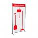 This picture showcases the Spectrum Industrial Cleaning Systems & Trolleys Shadowboard in a Multi-Purpose Frame, with a red color scheme and hooks for organizing cleaning supplies. The frame creates a cleaning station with easy access to all necessary tools. Currently, the item is out of stock.