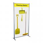 The image shows a sleek black frame with a vibrant yellow shadowboard attached to it. On the shadowboard, there are various hooks and holders displaying Spectrum Industrial Cleaning Systems & Trolleys. The cleaning station style A is neatly organized with its supplies and tools, ready for use.