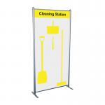 This photo features a Spectrum Industrial Cleaning System & Trolleys Shadowboard displayed in a Multi-Purpose Frame. The frame is a vibrant yellow color and includes hooks for organizing cleaning supplies. Currently out of stock.