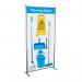 The photograph displays a Spectrum Industrial Cleaning Systems & Trolleys Shadowboard in a Multi-Purpose Frame. The frame is designed in a cleaning station style and is colored in blue. It also features SBF-BD02-BL markings.