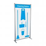 The picture shows a Spectrum Industrial Cleaning Systems & Trolleys Shadowboard in a Multi-Purpose Frame. The frame is designed in the Cleaning station Style B with a blue color. The board has hooks for hanging cleaning tools and there is currently no stock available.