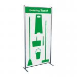 This photo shows a Spectrum Industrial Cleaning Systems & Trolleys Shadowboard in a Multi-Purpose Frame. The frame is green and includes hooks, creating a sleek and organized cleaning station.