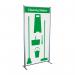 This photo shows a Spectrum Industrial Cleaning Systems & Trolleys Shadowboard in a Multi-Purpose Frame. The frame is green and includes hooks, creating a sleek and organized cleaning station.