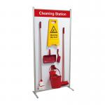 This photograph captures a Spectrum Industrial Cleaning Systems & Trolleys Shadowboard in a Multi-Purpose Frame. The shadowboard features a bright red frame and is designed in a cleaning station style. On the board, various tools and equipment for industrial cleaning are neatly hung and organized.