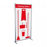 The picture shows a Spectrum Industrial Cleaning Systems & Trolleys Shadowboard, mounted in a multi-purpose frame. The frame is a bright red color and includes several hooks for hanging cleaning supplies. The board is currently empty, indicating that there is no stock available.