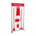 The picture shows a Spectrum Industrial Cleaning Systems & Trolleys Shadowboard, mounted in a multi-purpose frame. The frame is a bright red color and includes several hooks for hanging cleaning supplies. The board is currently empty, indicating that there is no stock available.