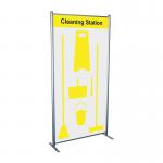The Spectrum Industrial Cleaning Systems & Trolleys Shadowboard in Multi-Purpose Frame is a yellow cleaning station with hooks, perfect for organizing cleaning tools and supplies. The shadowboard features a sleek design and a sturdy frame, making it a functional addition to any workspace.