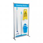 The photograph captures a Spectrum Industrial Cleaning Systems & Trolleys Shadowboard in a multi-purpose frame. The cleaning station is in the style C, with a blue color. The shadowboard neatly organizes all necessary cleaning tools and supplies, ready for use.