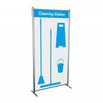 The picture shows a sleek, blue Spectrum Industrial Cleaning Systems & Trolleys Shadowboard in a Multi-Purpose Frame. The Cleaning station Style C features hooks for holding various cleaning tools. Currently, the item is out of stock (No Stock).