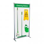 The image features a Spectrum Industrial Cleaning Systems & Trolleys Shadowboard in a Multi-Purpose Frame. The frame is a vibrant green color and has a designated spot for each cleaning tool, creating a sleek and organized cleaning station.